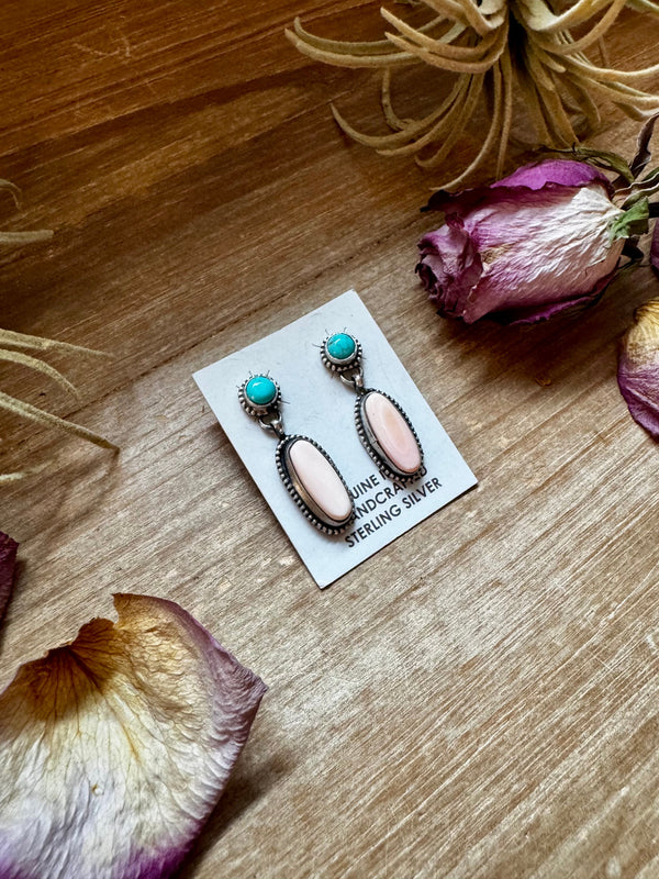 Kingman Turquoise & Pink Conch Dangle Earrings – Sterling Silver – Native Made by Marcella James