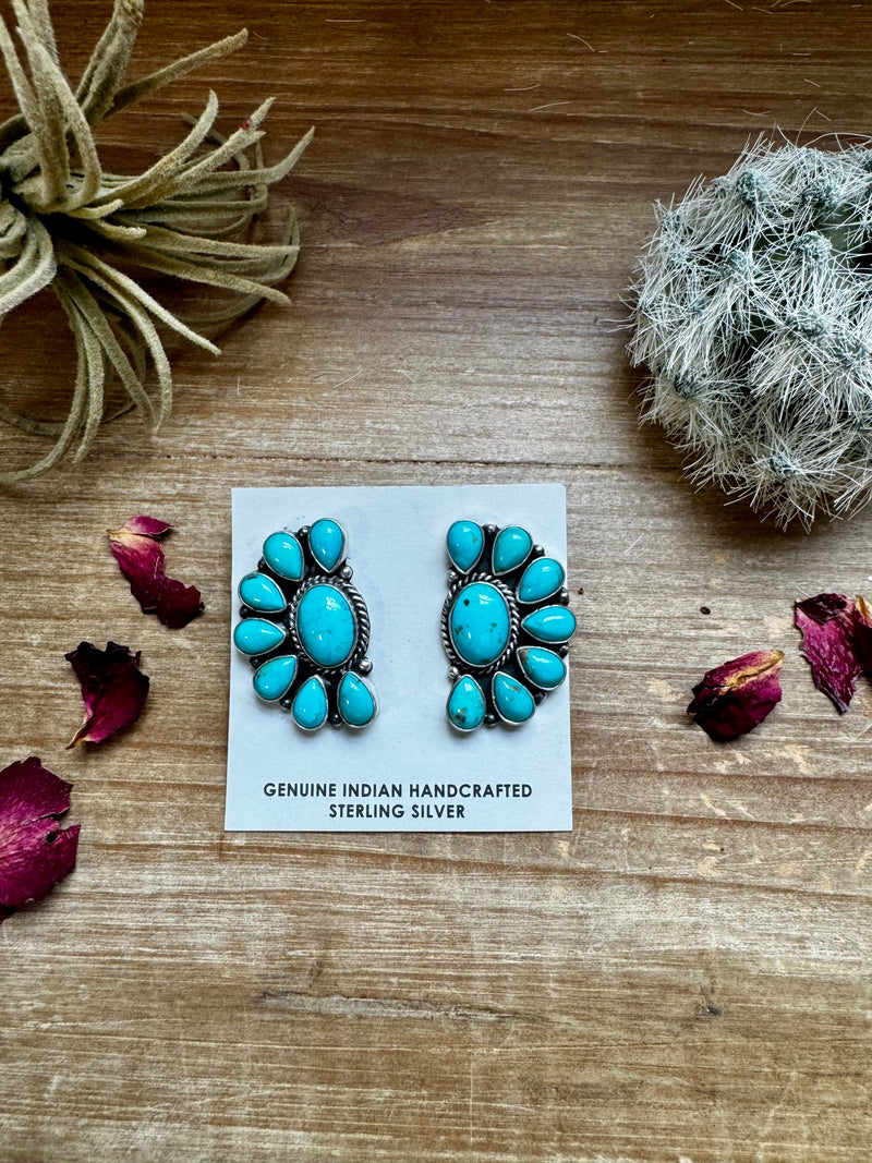 Big Cluster stud earrings - sterling silver and turquoise