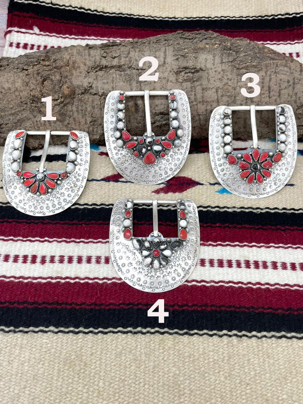 Handmade Sterling Silver Belt Buckle White Buffalo with Red Opal "Signed Nizhoni"