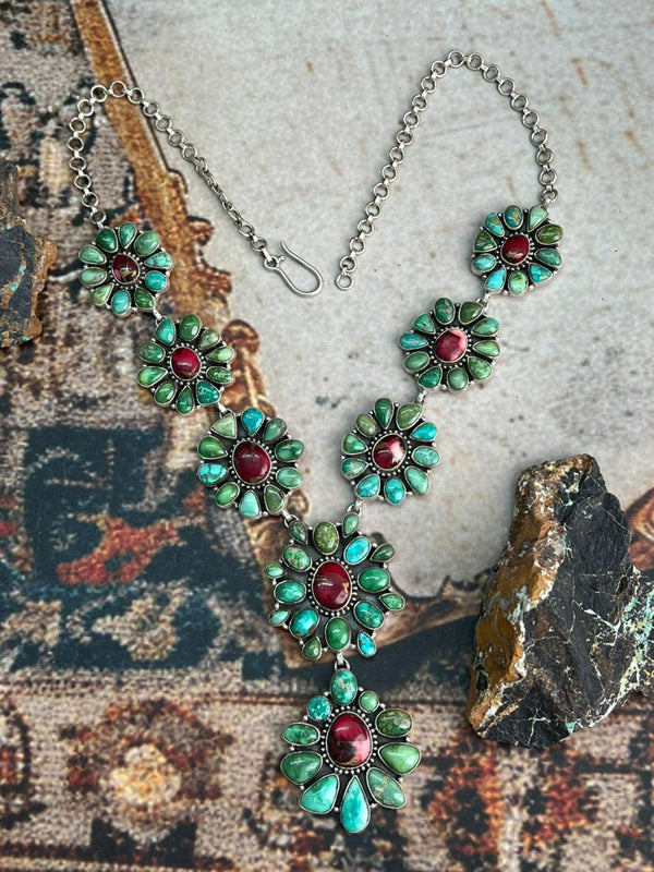 Handmade Sterling Silver Dahlia Rose with Emerald Valley Turquoise Necklace "Signed Nizhoni"