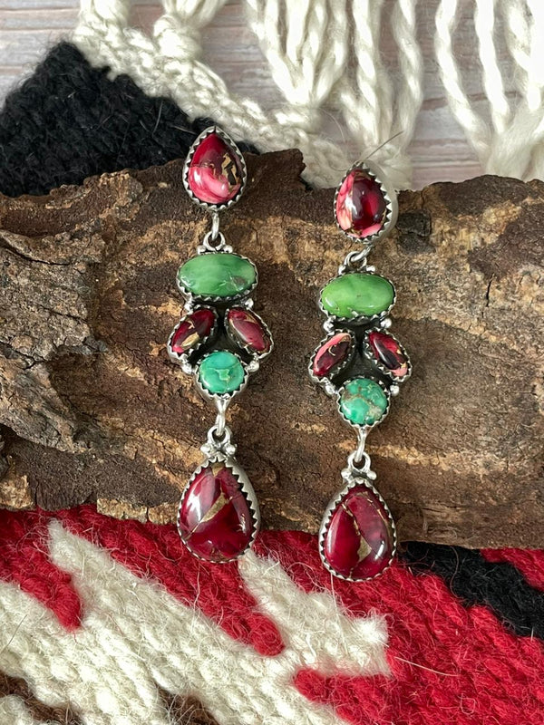 Handmade Sterling Silver Dahlia Rose with Emerald Valley Turquoise Post Earrings "Signed Nizhoni"