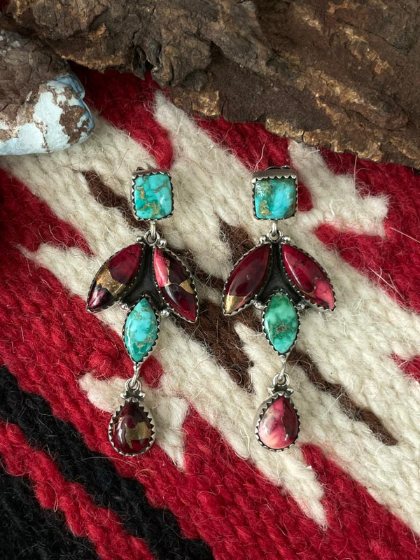 Handmade Sterling Silver Dahlia Rose with Emerald Valley Turquoise Post Earrings "Signed Nizhoni"