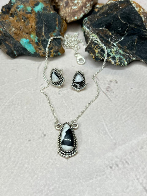 Handmade Sterling Silver White Buffalo Necklace Earrings Set "Signed Nizhoni"