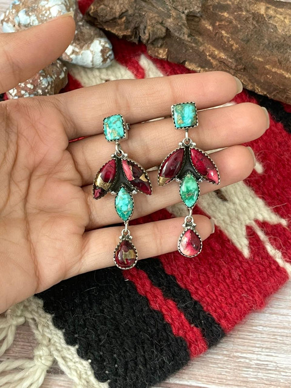 Handmade Sterling Silver Dahlia Rose with Emerald Valley Turquoise Post Earrings "Signed Nizhoni"