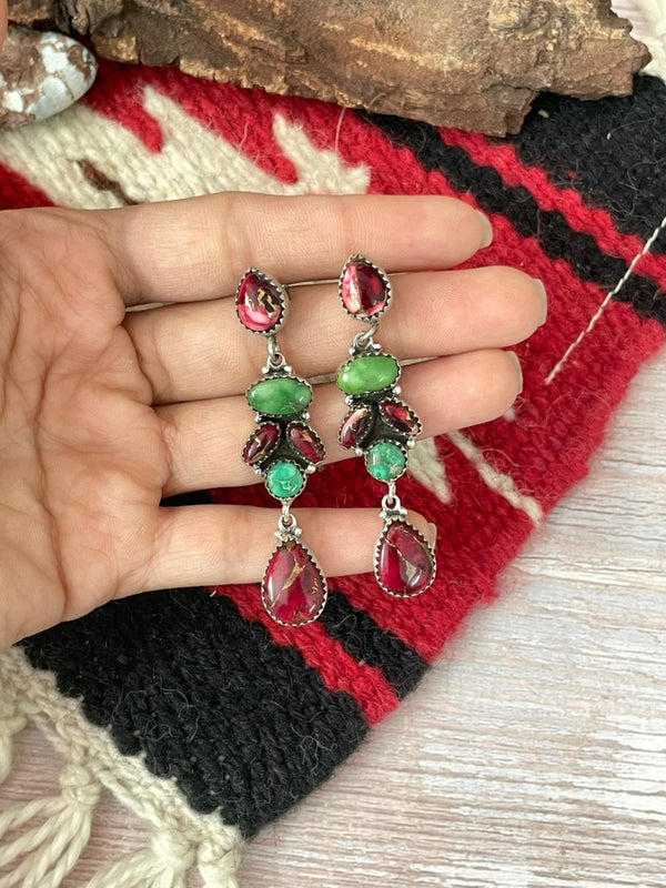 Handmade Sterling Silver Dahlia Rose with Emerald Valley Turquoise Post Earrings "Signed Nizhoni"