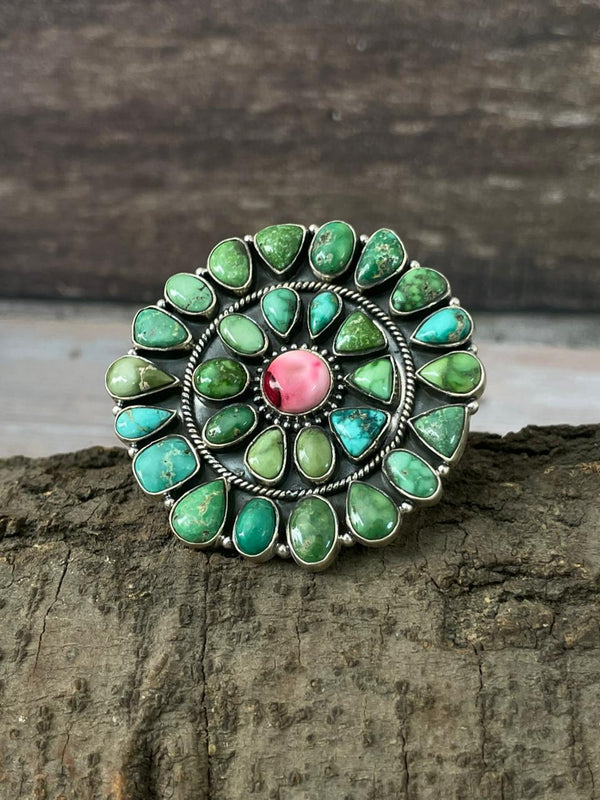 Handmade Sterling Silver Dahlia Rose With Emerald Valley Turquoise Ring "Signed Nizhoni"
