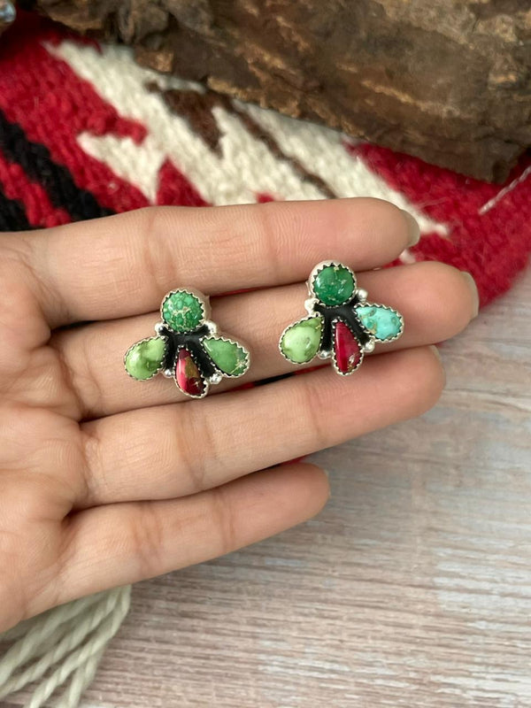 Handmade Sterling Silver Dahlia Rose with Emerald Valley Turquoise Post Earrings "Signed Nizhoni"