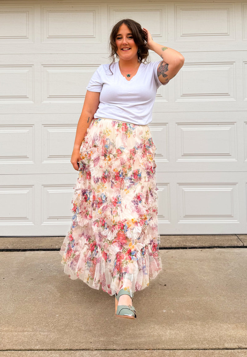 Floral Ruffle Midi Skirt