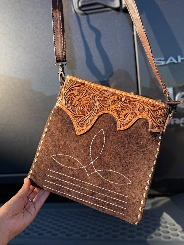 Brown Suede Leather & Tooled BootStitch Crossbody