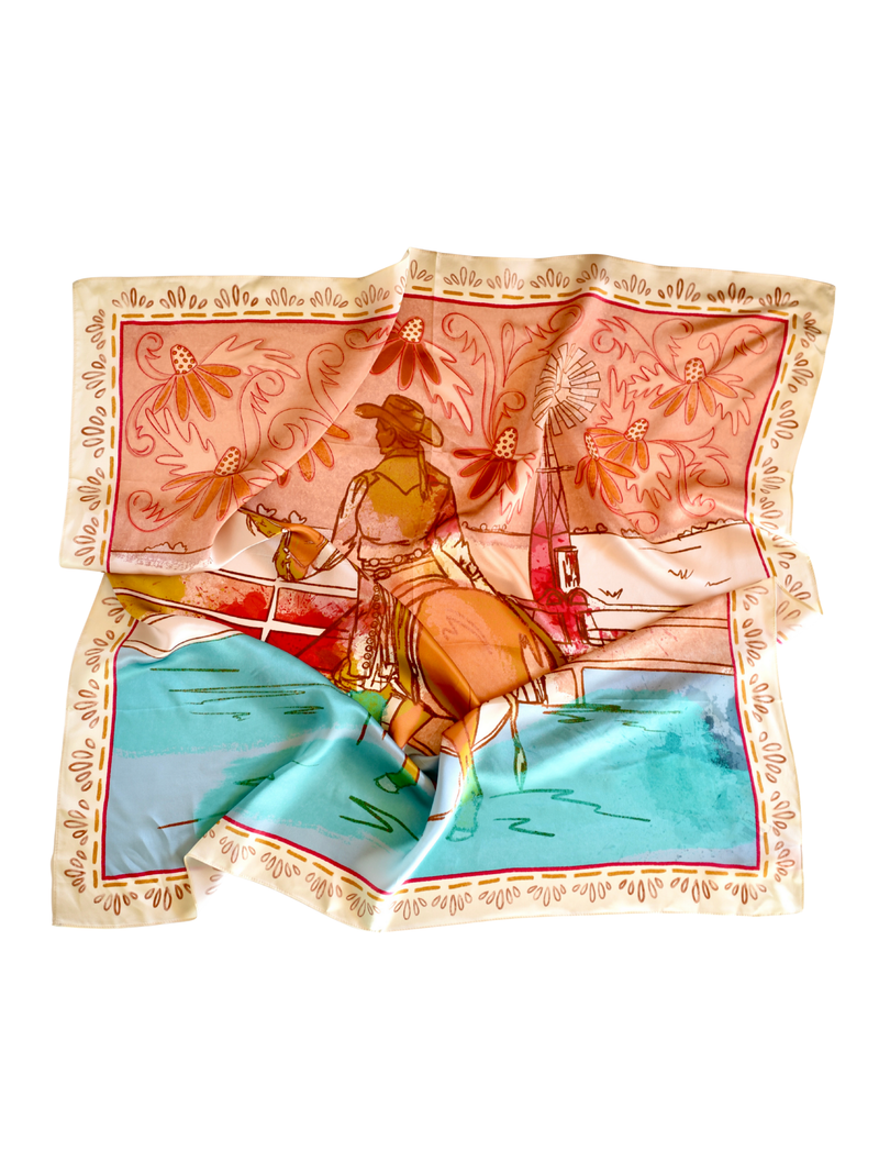Western Corral and Floral Horse Rider: Cowgirl Scarf: 35x35 Western Mulberry Silk Wild Rag