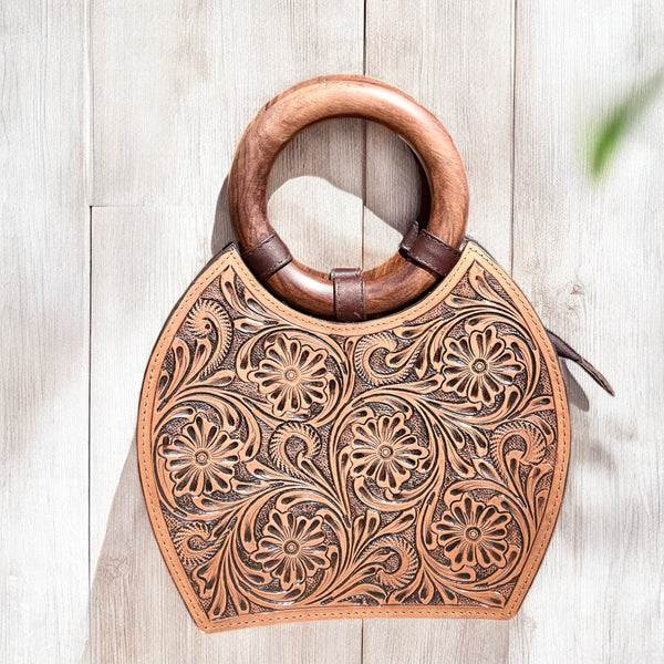 Large tan floral tooled leather handbag