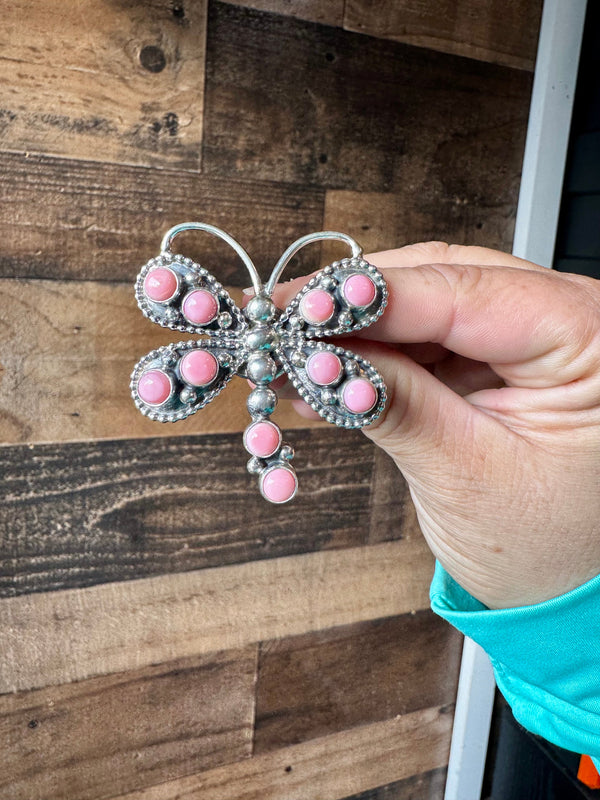 Dragonfly ring -size 7 - pink conch and sterling silver