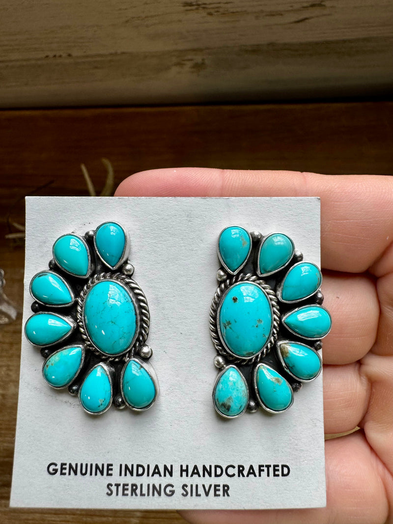 Big Cluster stud earrings - sterling silver and turquoise