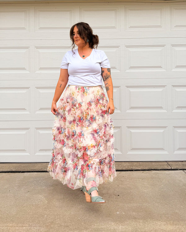 Floral Ruffle Midi Skirt