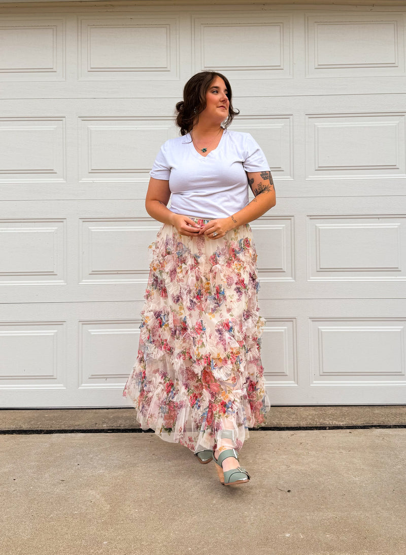 Floral Ruffle Midi Skirt