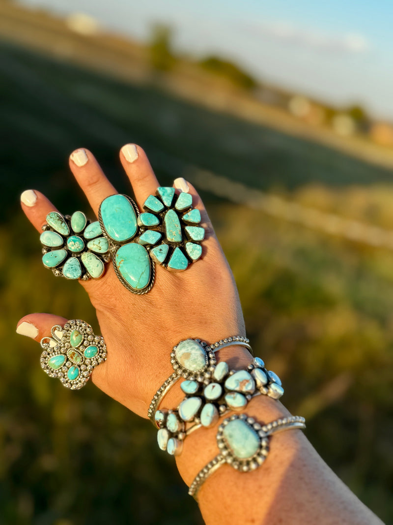 Big flower ring- size 7 1/2- Royston  turquoise ring and sterling silver