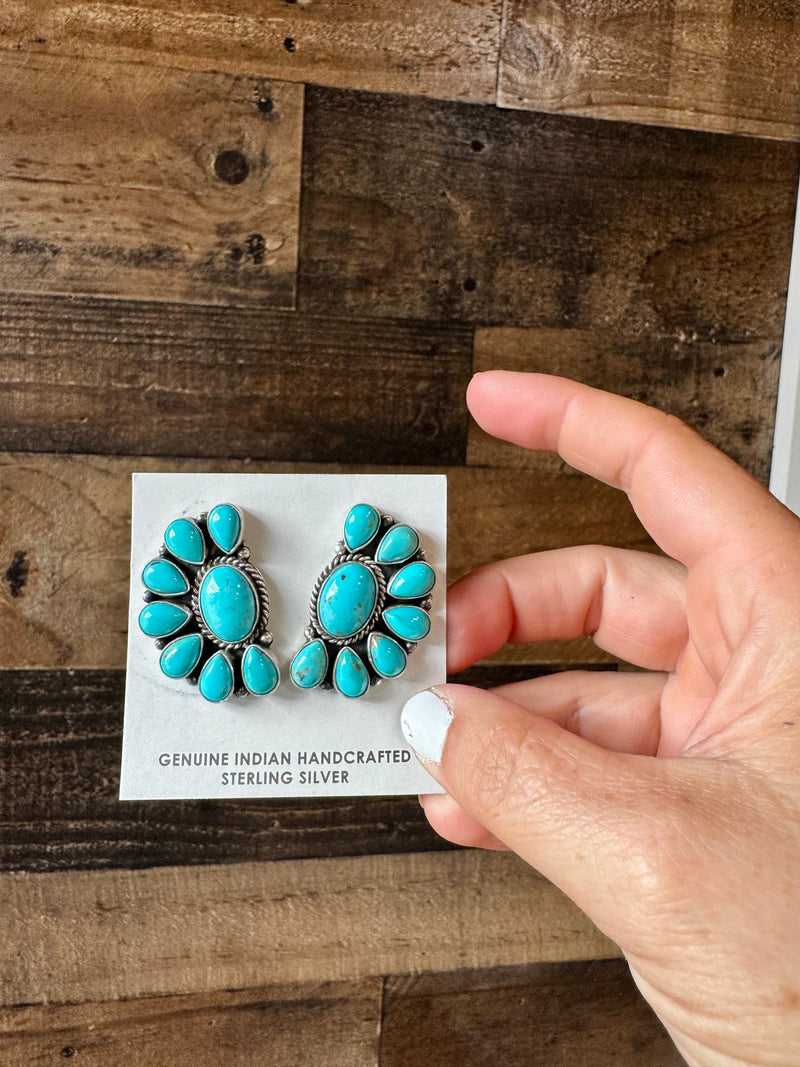 Big Cluster stud earrings - sterling silver and turquoise
