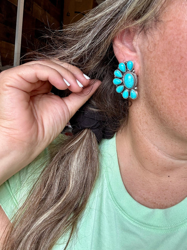 Big Cluster stud earrings - sterling silver and turquoise
