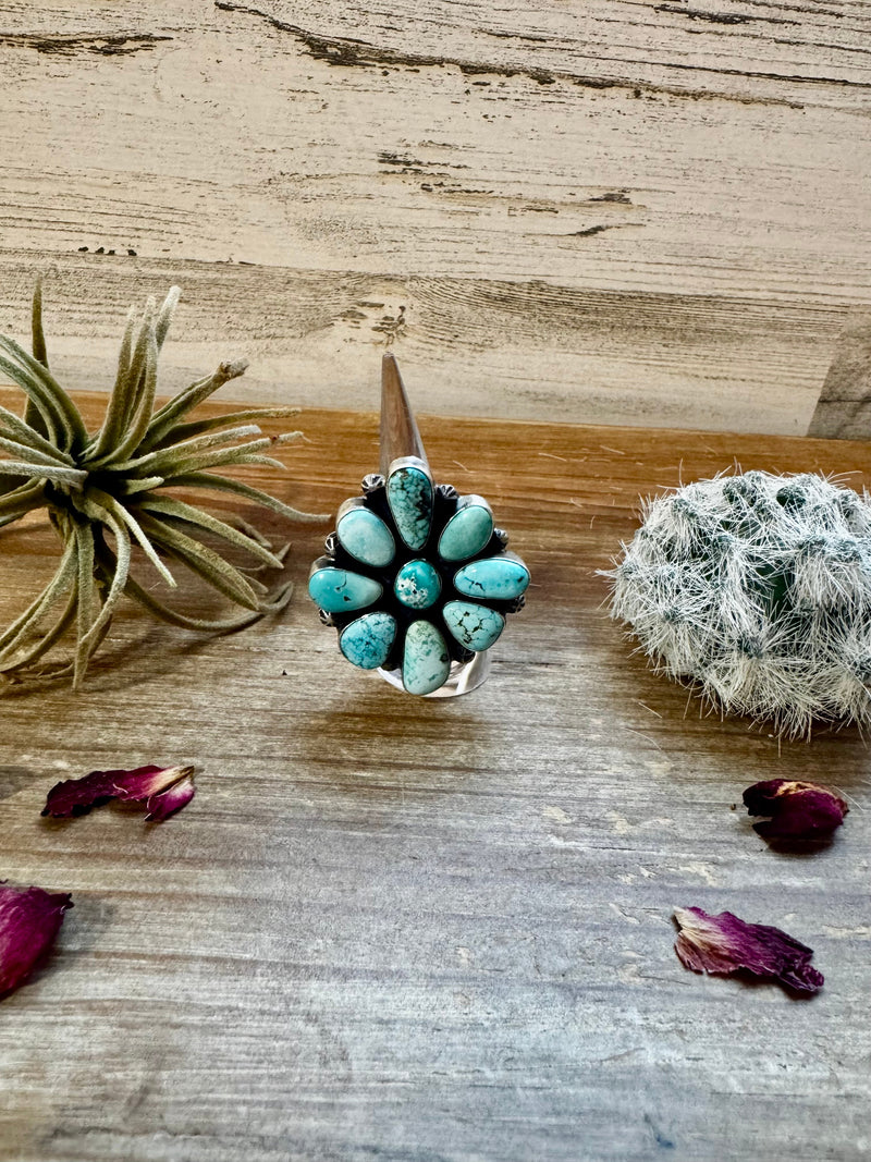 Big flower ring- size 7 1/2- Royston  turquoise ring and sterling silver