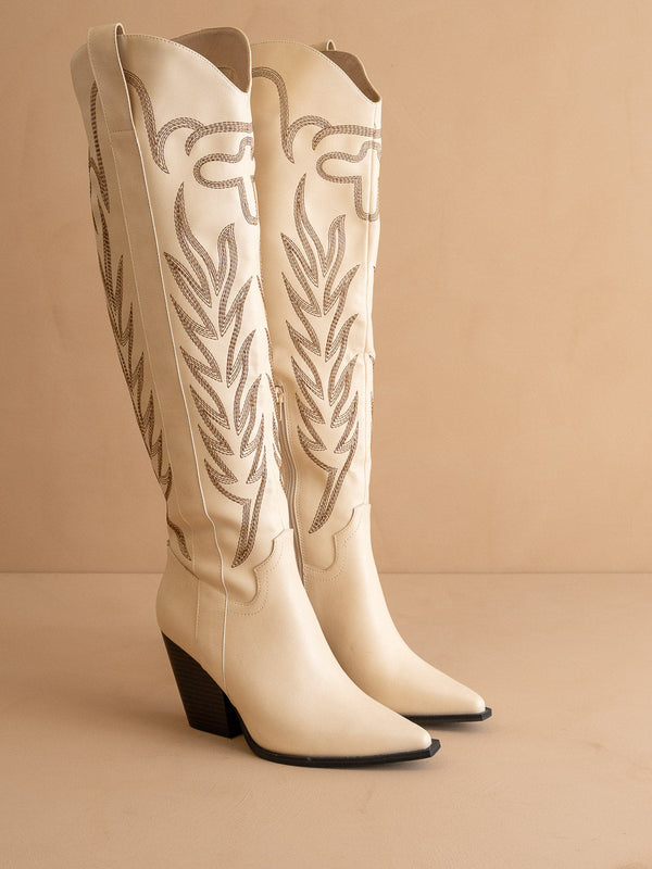 The Bronco | Off WhiteKnee High Embroidered Cowboy Boot
