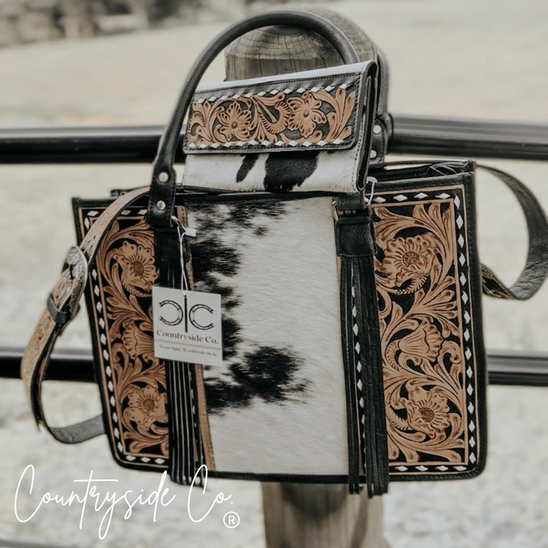 Panhandle Tooled Leather Cowhide Conceal Carry Tote, Computer Bag by Countryside Co.