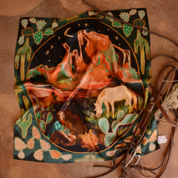 Large 100% Mulberry Silk 35x35: Desert Nights Western Wild Rag Cowgirl