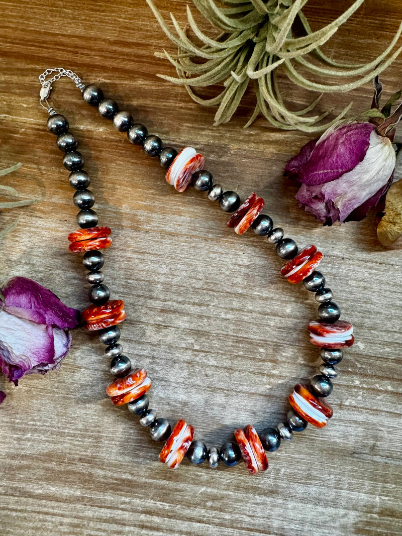 NFR Collection Necklace – 10mm Sterling Silver Pearls with 20mm Red Spiny Oyster – Handmade by The Bijoux FAB – 19"