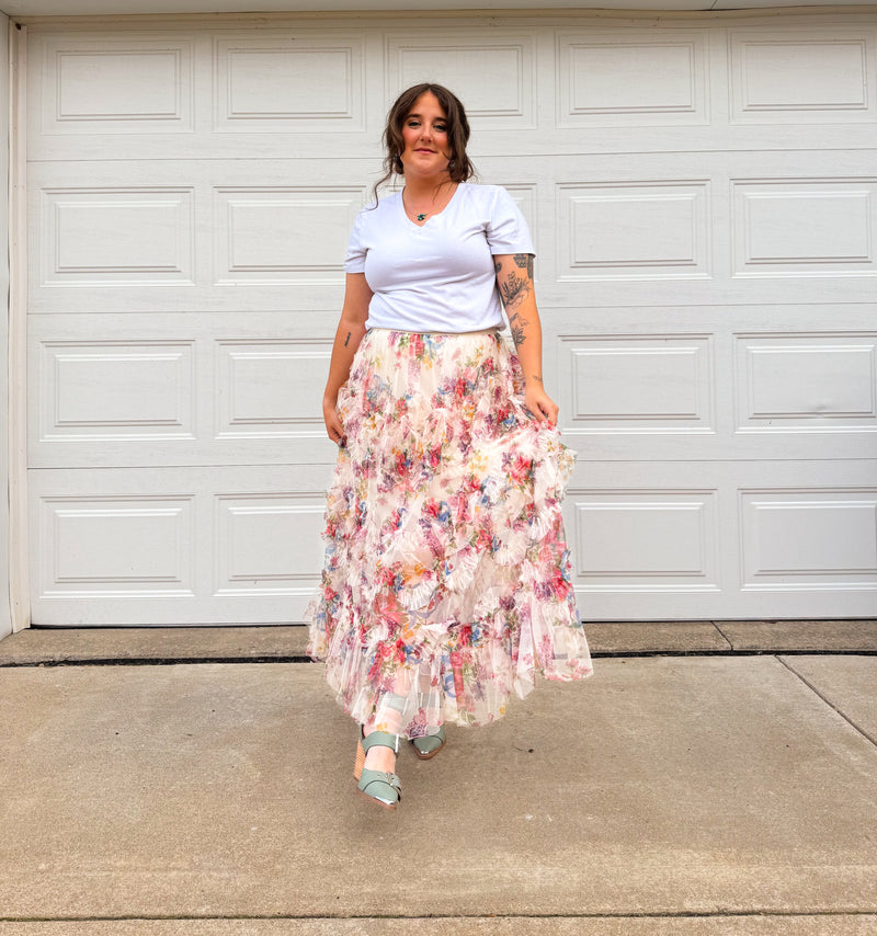 Floral Ruffle Midi Skirt