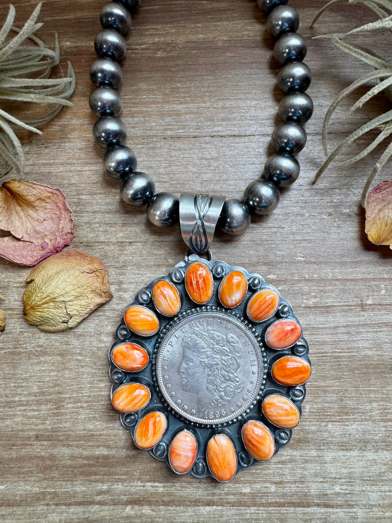 Orange Spiny Oyster & Silver Coin Pendant – Signed by Gabby