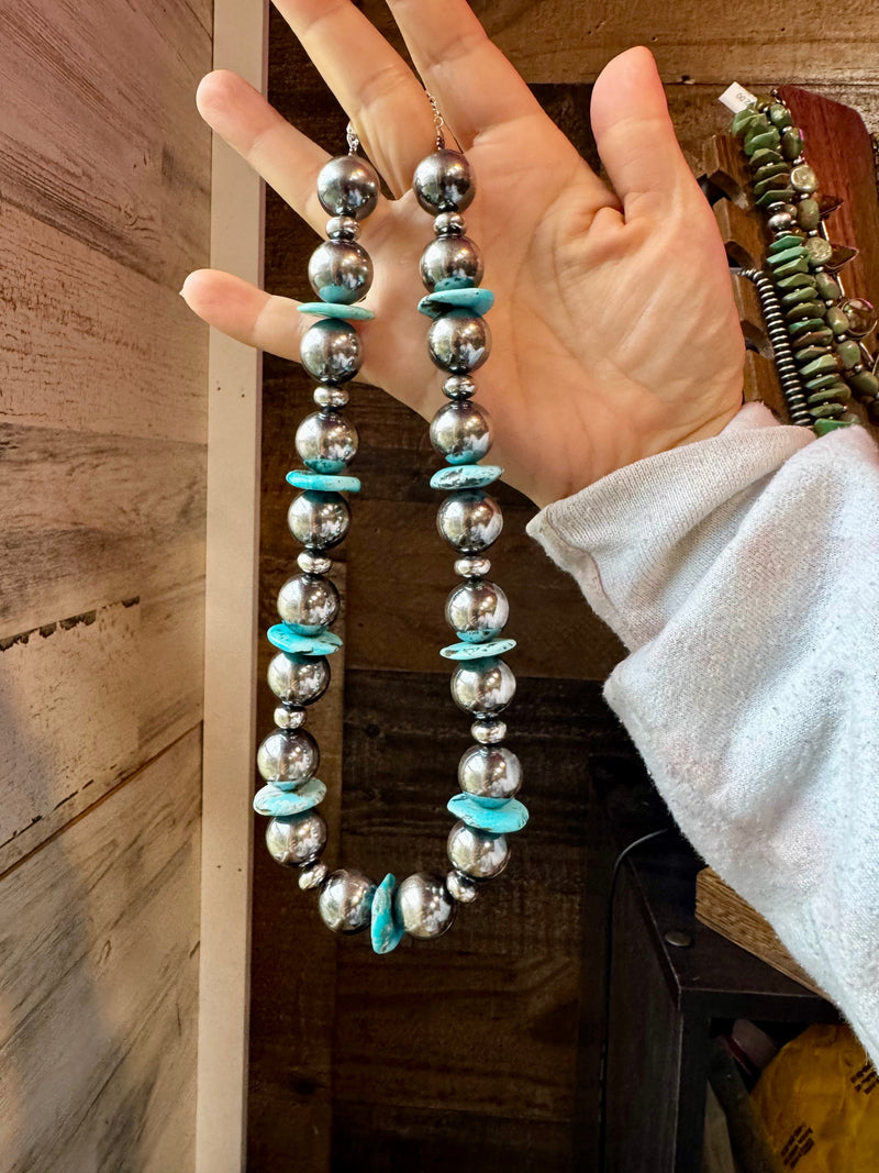 17-Inch Statement Necklace with 16mm Sterling Pearls & Blue Turquoise Heish