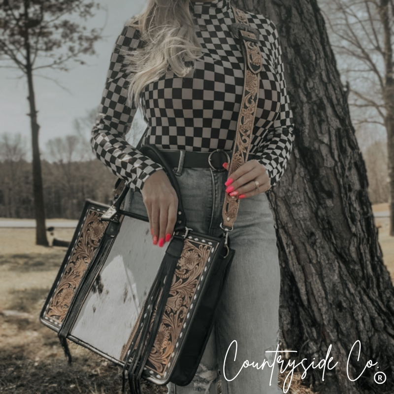 Panhandle Tooled Leather Cowhide Conceal Carry Tote, Computer Bag by Countryside Co.