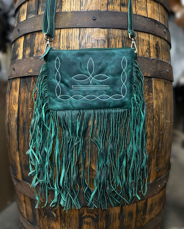 Emerald BootStitch Rustic Leather Fringe Crossbody