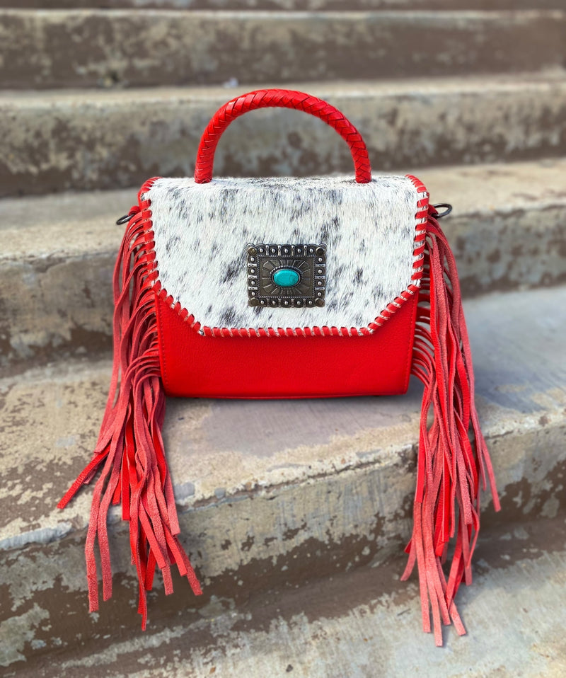 Red Cowhide & Tooled Leather Crossbody