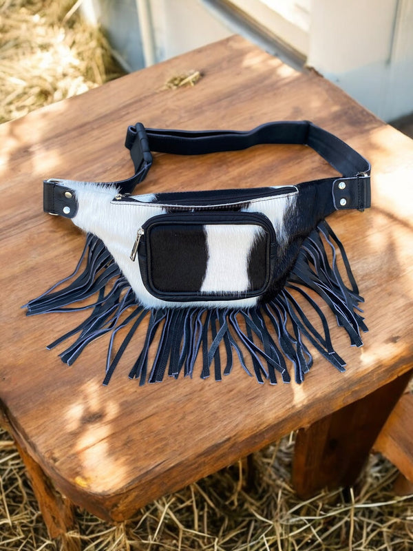 Black Cowhide & Fringe Fanny Pack