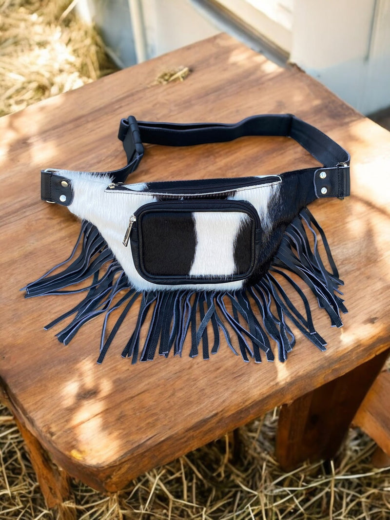 Black Cowhide & Fringe Fanny Pack