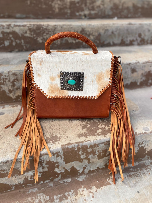 Tan Cowhide & Tooled Leather Crossbody