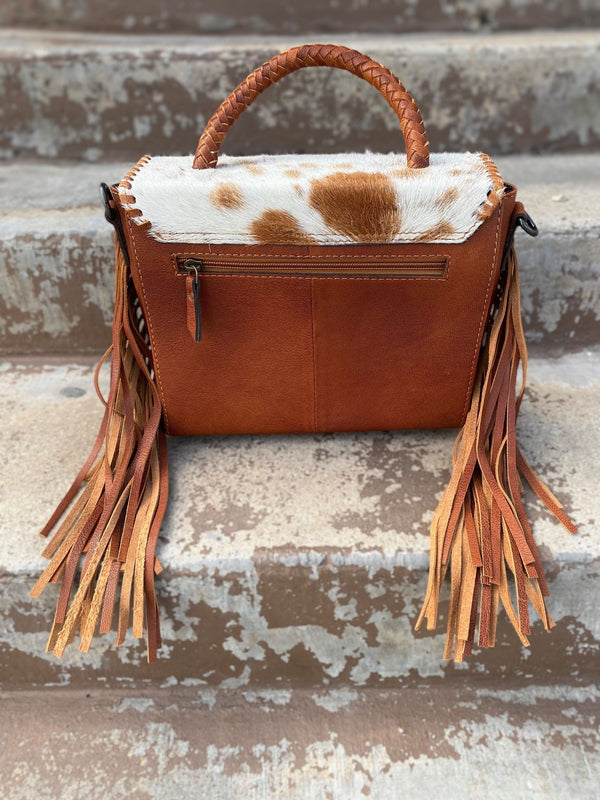 Tan Cowhide & Tooled Leather Crossbody