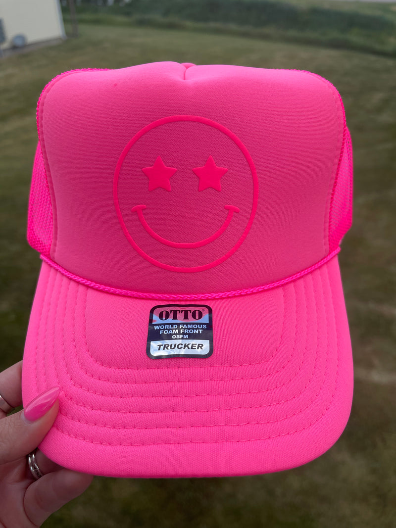 Smiley Neon Pink Trucker Hat