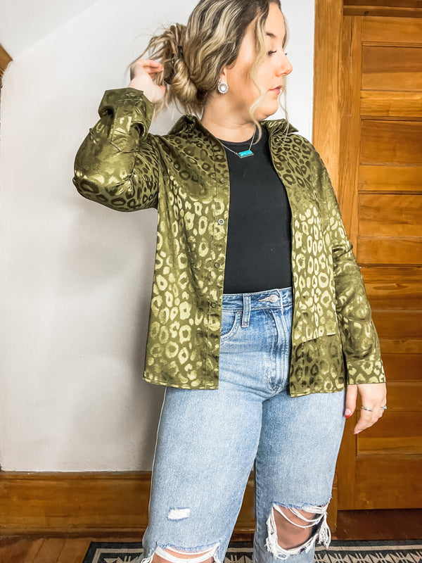Olive Leopard Button Down Top